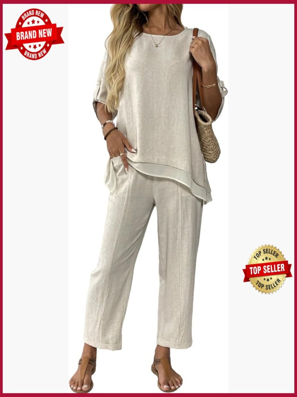 Women's 2 Piece Linen Set - 3/4 Sleeve Top & Capri Pants for Summer